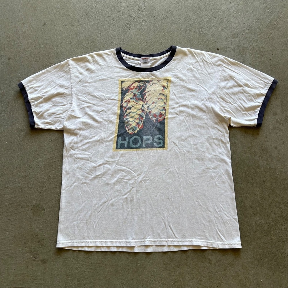 Vintage 90s Hops Ringer Shirt‎ Size XL White Flower Beer Alcohol